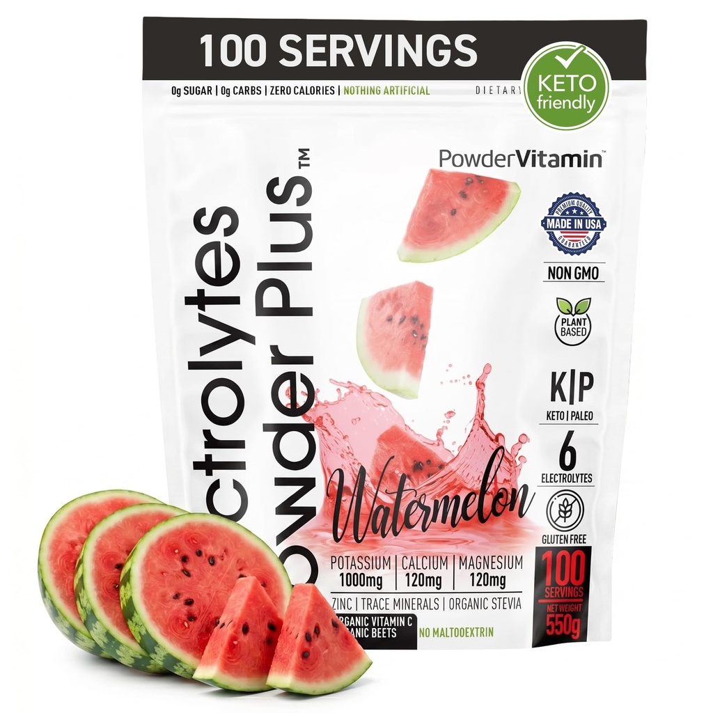 PowderVitamin Electrolytes Powder Plus, Sugar Free Hydration Powder 1000mg Potassium, 120mg Magnesium, 120mg Calcium, Himalayan Salt, Vitamin C & Zinc, USA Made, 550g, 100 Servings, Watermelon Flavor