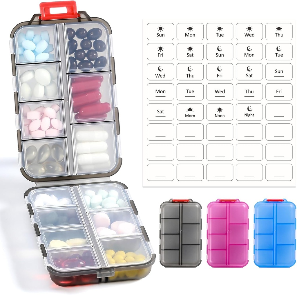 3 Pack 14 GRIDS Seyahat Pill Organizer Box ile Etiketler - Travel Medicine Case Kit - Pocket Daily Eczanesi Konteyner - Balık Yağ Vitamini Ek Depolama için Seyahat İlaçları - Clear Oil For Fish Oil Vitamin Supplement Storage - Clear