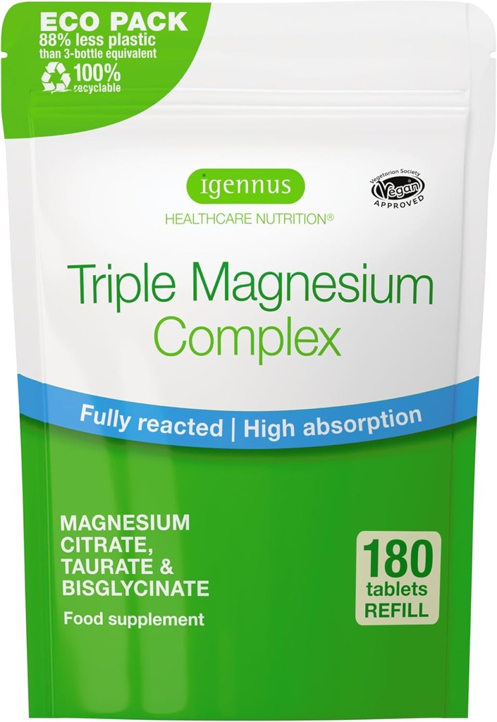 Igennus Superior Triple Magnesium Complex, Πλήρως Αντιδραστικό & Χηλικό Γλυκινικό, Ταυρικό & Κιτρικό, Καθαρό Ετικέτα, Υψηλή βιοδιαθεσιμότητα & Απορρόφηση, 180 δισκία, Vegan, Μη Μπουφερμένο