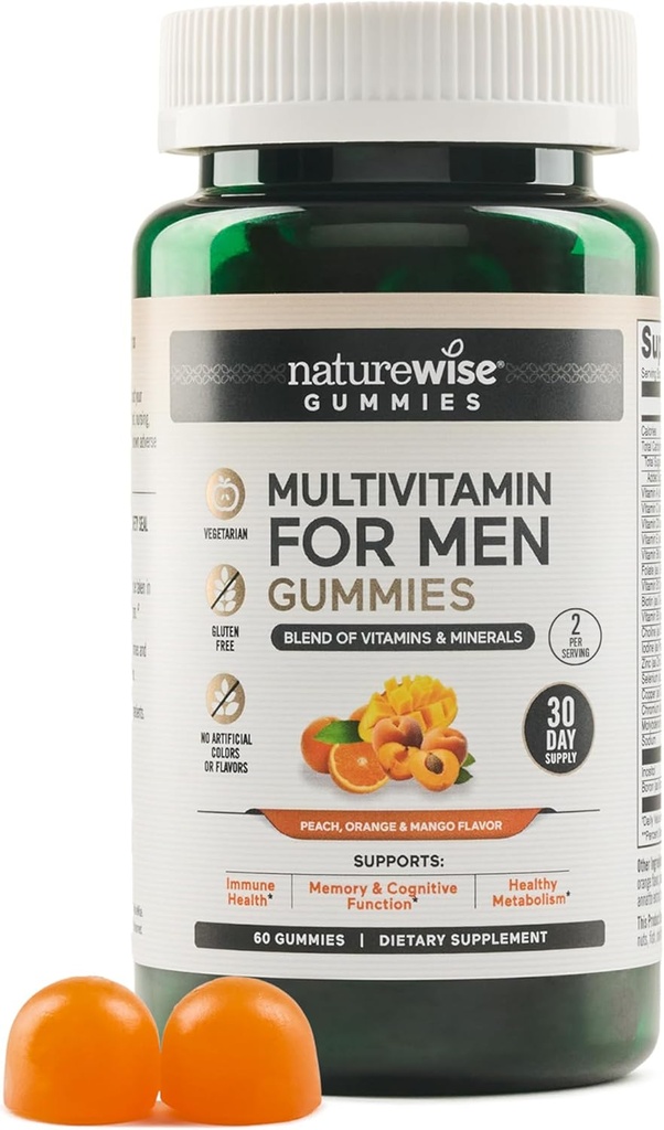 NatureWise Multivitamin for Men, Gummies Peach Mango Flavor, çünkü Immune Health with Minerals & Vitamin A, C, D, E, B6 ve B12, Vegetarian, Soy-Free, Non-GMO, 60 Kont[1-Month Supply]
