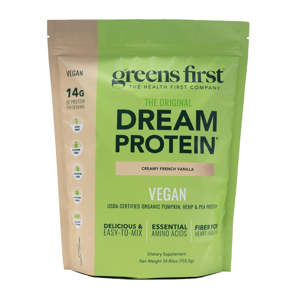 Greens First Dream protein Plant-Based Vegan Toz - USDA Organik Kabak, Hemp & Pea Protein - Gluten-Free, Non-GMO, No add Sugar (Creamy French Vanilla, 24.8 oz)