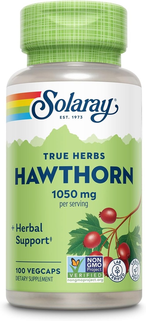 SOLARAY Hawthorn κάψουλες καρπού 1050 mg - Καταπραϋντική βοτανική υποστήριξη - συμπλήρωμα καρπού Hawthorne για τη συνολική υποστήριξη ευεξίας - ολόκληρο μούρο, Vegan, μη GMO, 60 ημέρες εγγύηση, 50 υπηρεσίες, 100 VegCaps