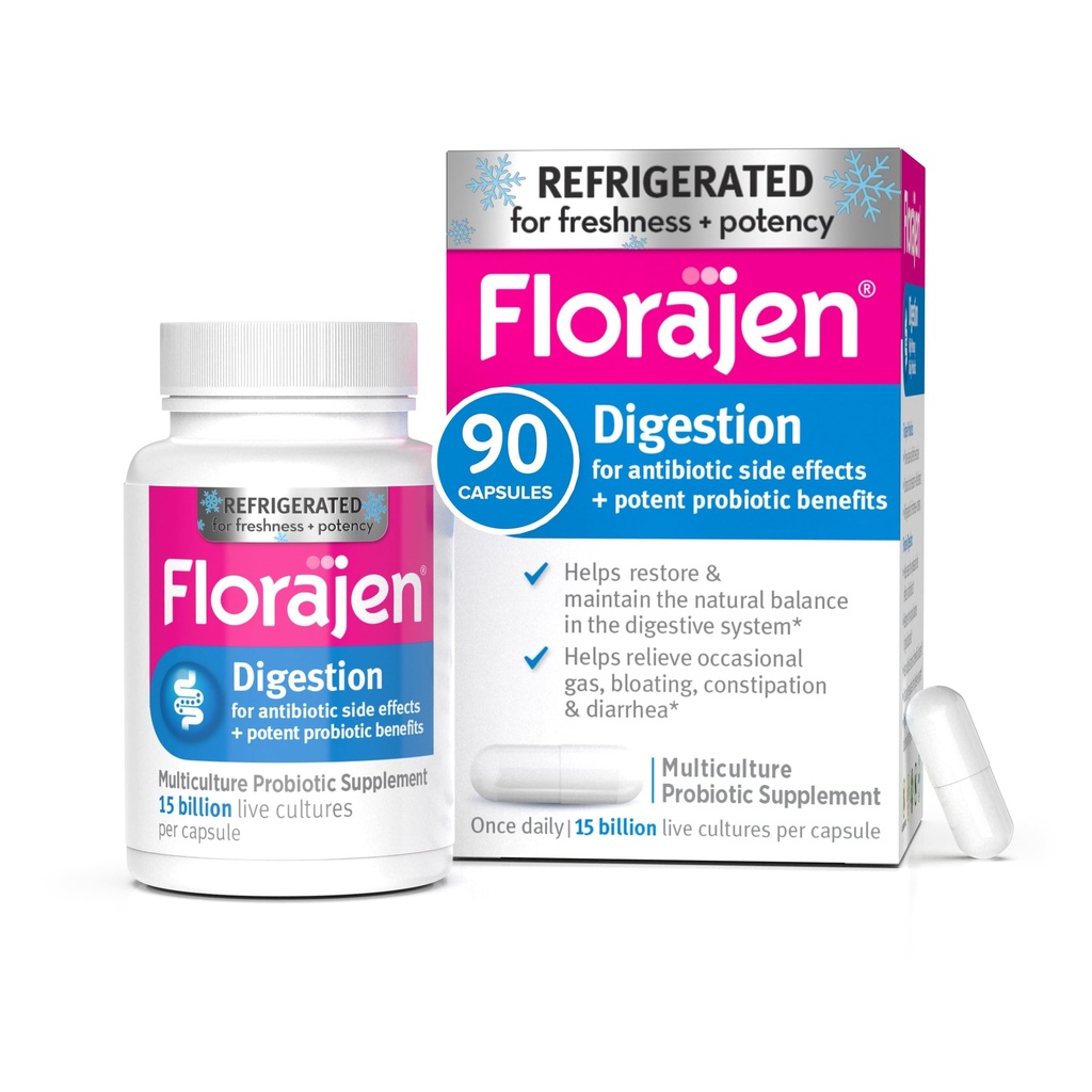 Florajen Digestion Probiyotik - Advanced Gut Health Supplement for Constipation & Bloating Relief - 15 Milyar Canlı Kültür - Çok katmanlı Formula - Potency & Freshness için Soğutmalı - 90 Capsules