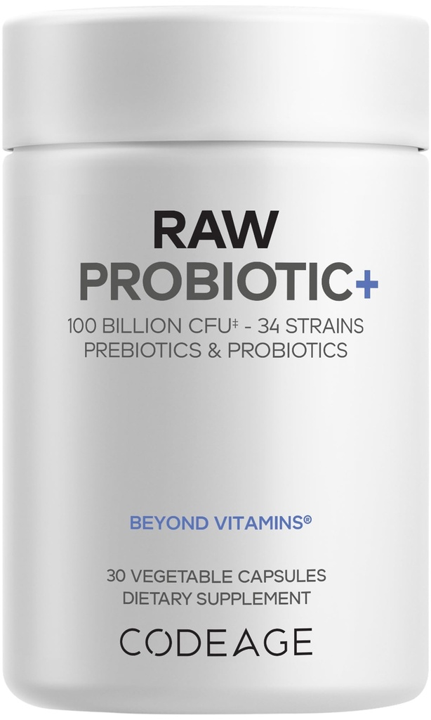 Codeage Raw Probiotic+ Συμπλήρωμα - 34 Probiotic Strains, 100 Billion CFUs, Raw Whole Food Probiotics, Digestive Enzymes, Raw Fruits & Veggies Prebiotics - Wild Kefir Culture - Non-GMO - 30 Κάψουλες