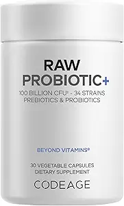 Kodaj Raw Probiyotik+ Supplement - 34 Probiyotik Strains, 100 Milyar CFUs, Raw Whole Food Probiyotiks, Raw Fruits & Veggies Prebiyotiks - Wild Kefir Culture - Non-GMO - 30 Capsules