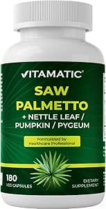 Vitamatic Saw Palmetto Extract for Men & Women 180 Veg Capsules - Made with Pumpkin Seed, Pygeum, Nettle Leaf - Made in The USA - Promotes Healthy Prostate Function