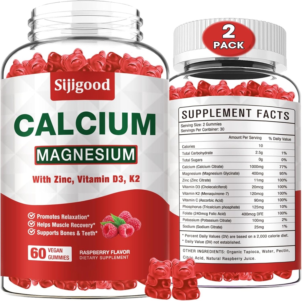 2 Πακέτο Ασβέστιο Μαγνήσιο Ψευδαργύρου Gummies με βιταμίνη C D3 K2, Ασβέστιο Gummies για τα οστά, τους μυς, την ηρεμία & Zzz Υποστήριξη, Υψηλή Απορρόφηση Φόρμουλα με μαγνήσιο ψευδάργυρο Κάλιο, Βατόμουρο Γεύση 120 κοχ