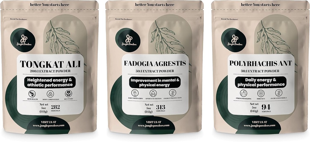 Jungle Powders Tongkat Ali for Men 282 Servings, Fadogia Agrestis Extract Powder 313 Servings, Black Ant 30:1 Concentration 94 Servings 5oz Supplement Mens Health Support for Drive & Passion