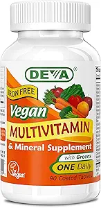 DEVA Vegan Multivitamin ve Mineral Supplement - Yeşillerle Bir Günlük Vitamin Formula - Demir Ücretsiz - 90 Kaplamalı Tabletler, 1-Pack