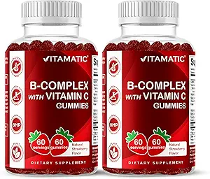 Vitamatic Vitamin B Complex Gummies with Vitamin C & Inositol - Natural Strawberry Flavor - 60 Gummies (2 Bottles)