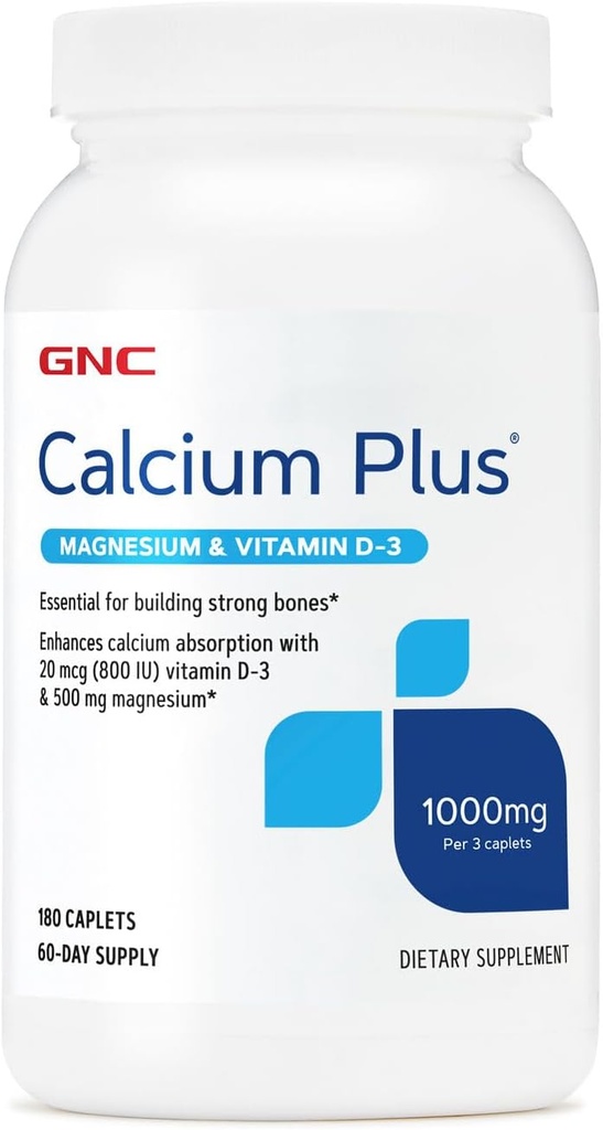GNC Ασβέστιο Plus Μαγνήσιο & Βιταμίνη D-3 1000mg, Απαραίτητο για την οικοδόμηση ισχυρών οστών, 180 Count