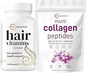 Micro Ingredients Multi Collagen Protein Powder 2 Pounds & Hair Vitamins Complex Capsules Bundle Pack | Grass-Fed Collagen Peptides | 14-in-1 Advanced Hair Growth Support