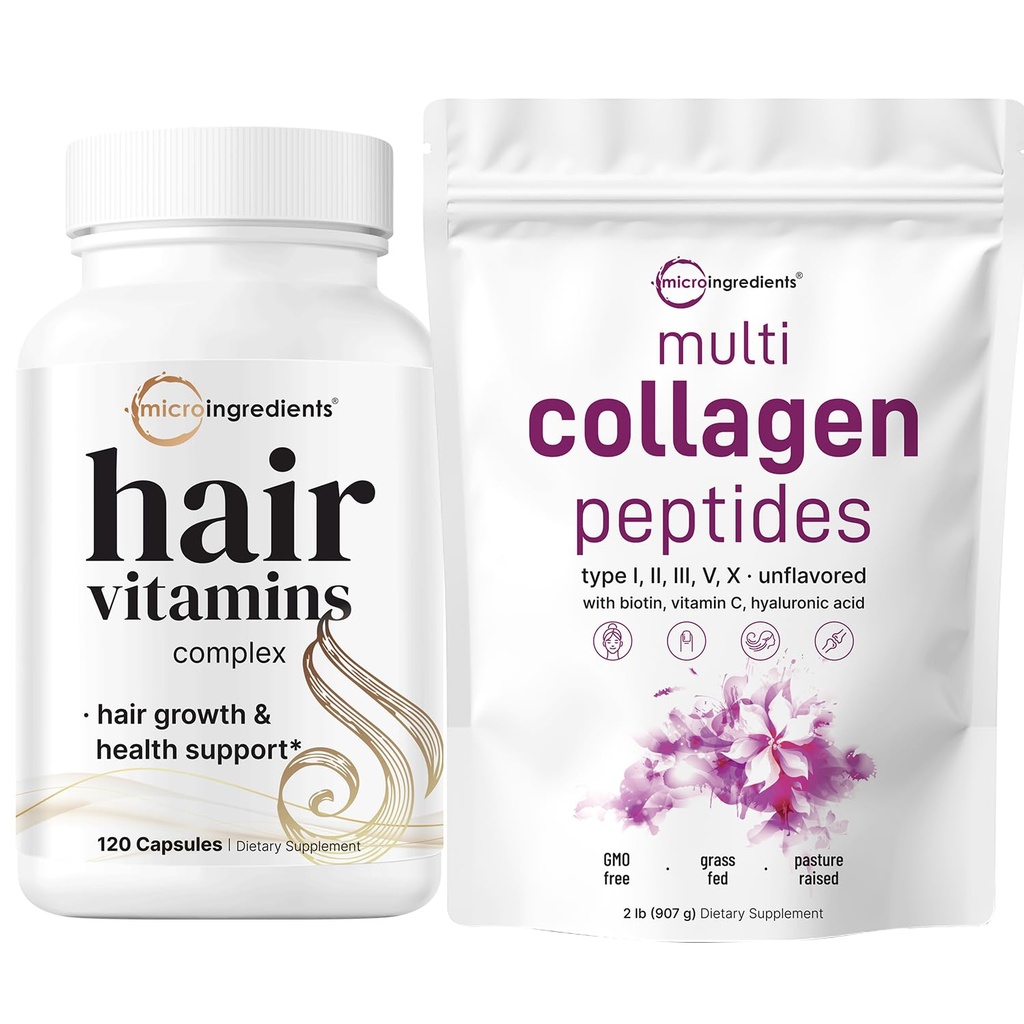 Micro Ingredients Multi Collagen Protein Powder 2 Pounds & Hair Vitamins Complex Capsules Bundle Pack | Grass-Fed Collagen Peptides | 14-in-1 Advanced Hair Growth Support