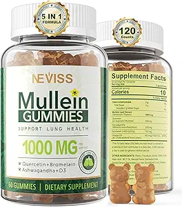 NEVISS Mullein Gummies for Lungs, Organic Mullein Leaf Extract 1000mg for Respiratory System with Quercetin & Bromelain, D3 for Digestive Support, Immune Booster, Sugar Free, Vegan, 120 Count