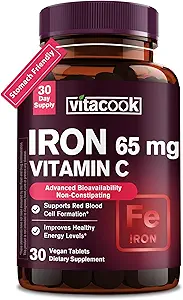 Kadınlar için Demir Supplement | Yüksek Potency Iron 65mg with Vitamin C 250 mg | Stomach Friendly Iron Pills for Red Blood Cell & Immune Support | Vegan, Non-GMO & Gluten Free | 30 Tabs