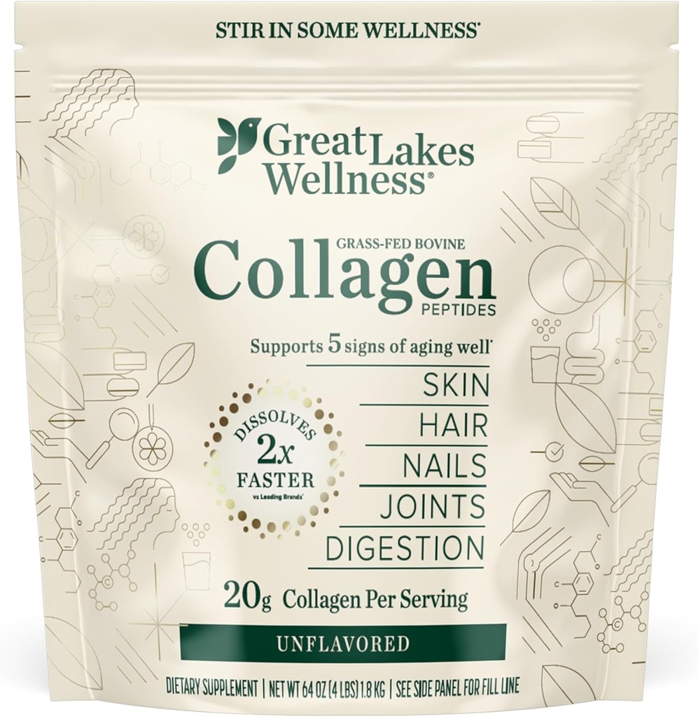 Büyük Lakes Wellness Collagen. Tozu Skin, Hair, Nails, Joints & Digestion - Unflavored - Quick Dissolve Hydrolyzed, Non-GMO, DW, Kosher - 4 lb. Değer Pouch