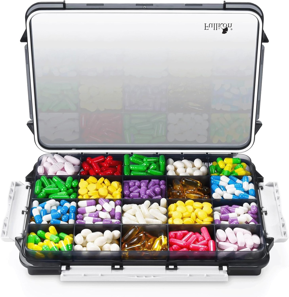 Fullicon Ekstra Büyük Pill, Moisture Pro ile Organizer, Seyahat Jumbo Pill Box ile 20 Karşılaştırmalı, 3 Secured Buckles (Black) ile Vitaminler için Tamam Organizer (Black)