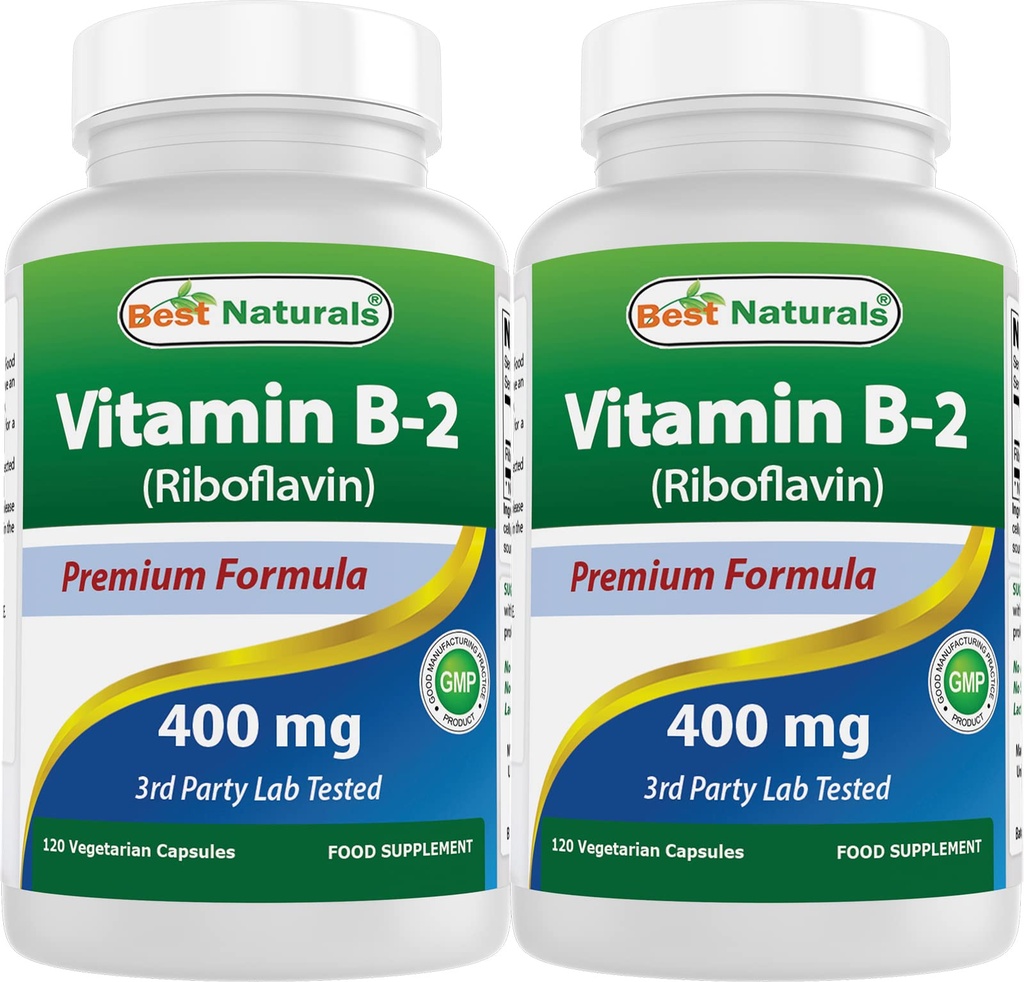 Best Naturals Βιταμίνη Β2 (Riboflavin) 400mg - Ημικρανία Ανακούφιση - Κάψουλες Veggie - Κώνοzyme Precursor - 120 Count (120 Count (Pack of 2))