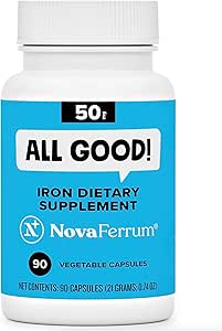 NovaFerrum All Good | Iron Capsule Supplements for Yetişkinler | Anemi | 50mg of Iron | 90 Hizmet | Sugar Free | Vegan | Gluten Free