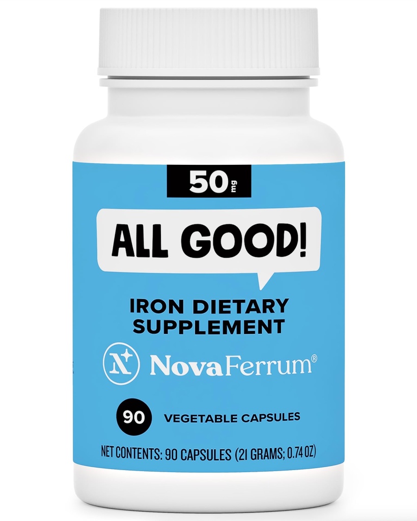 NovaFerrum All Good | Iron Capsule Supplements for Yetişkinler | Anemi | 50mg of Iron | 90 Hizmet | Sugar Free | Vegan | Gluten Free