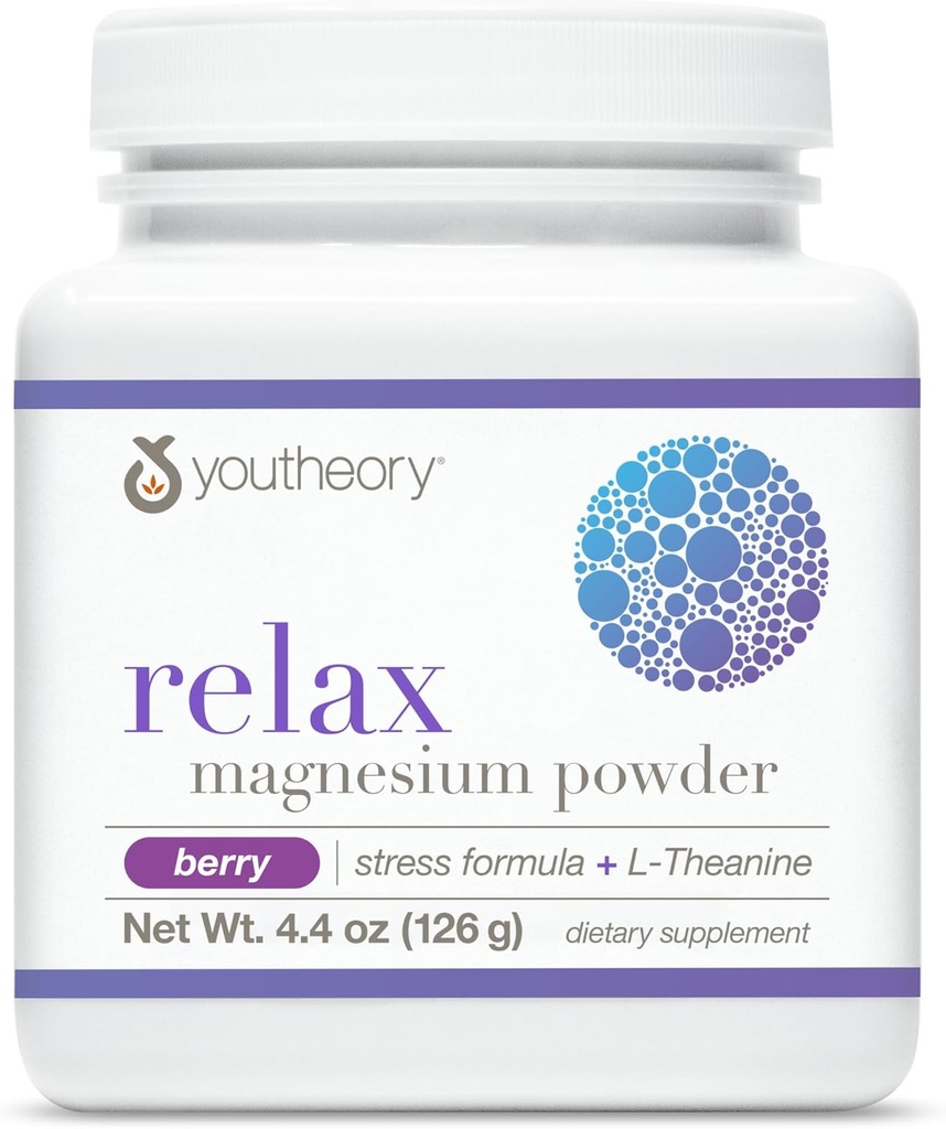 Youtheory Relax Magnezyum Toz - Vegan Stres Relief Supplement with L-Theanine & GABA* - Destekler Rahatlama* - Süt, Soy & Gluten Free - Berry, 4.4 ozz