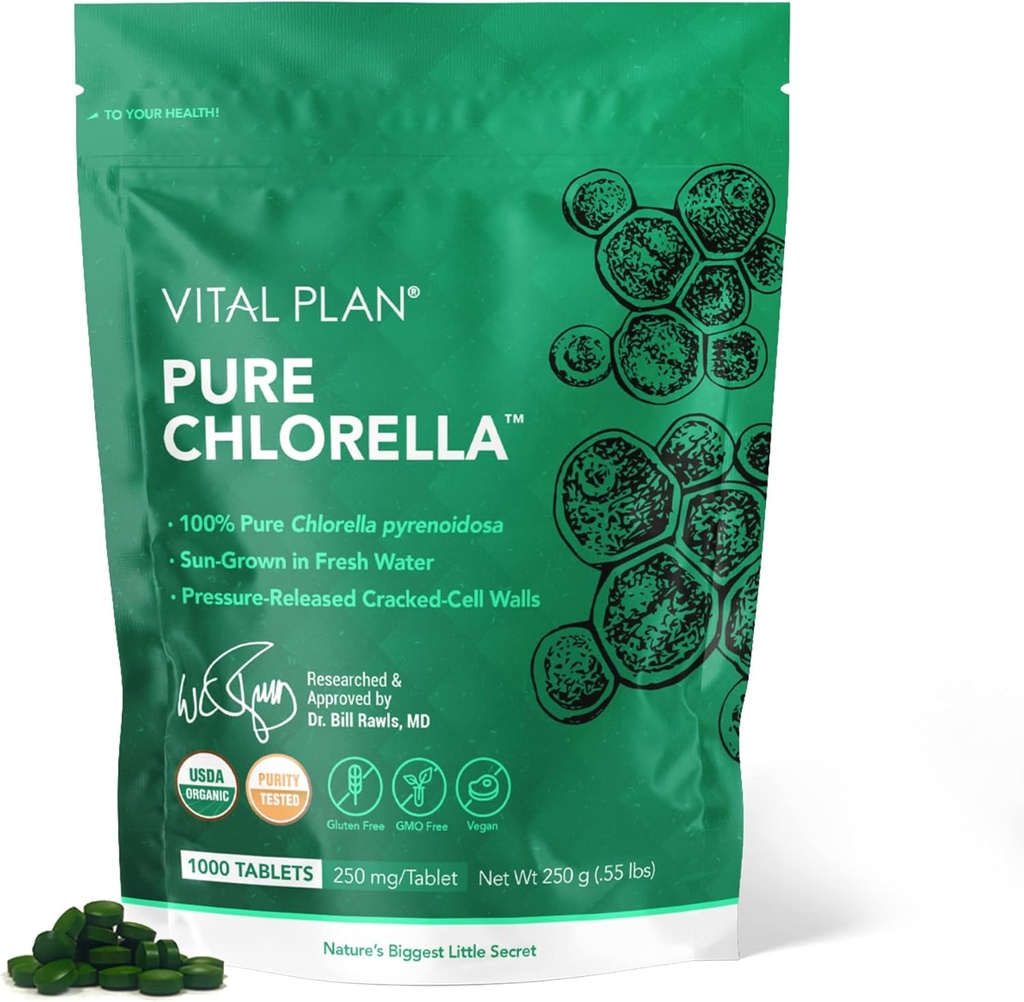 Vital Plan Pure Chlorella Tabletleri - Sun Grown Chlorella Pyrenoidosa Supplement by Dr. Bill Rawls w/Broken Hücre Duvarı - Organik Chlorella w /Chlorophyll, Cracked Hücre Duvar & No Fillers (1000 Tabs)