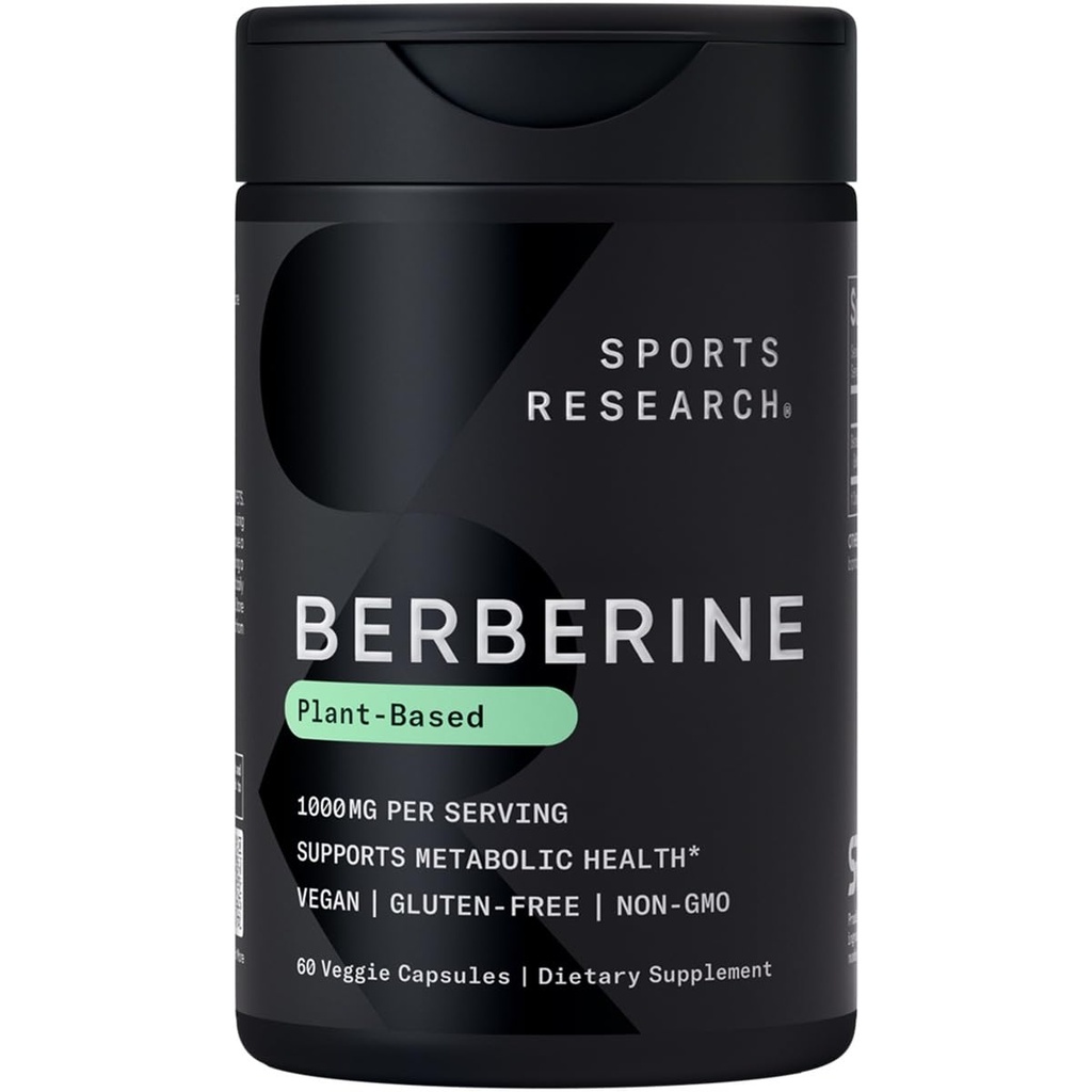 Sports Research Berberine - Herbal Ayurvedic Μεταβολική Υγεία Υποστήριξη - 500 mg - 60 Κάψουλες - Vegan Certified, Gluten-free, Non-GMO