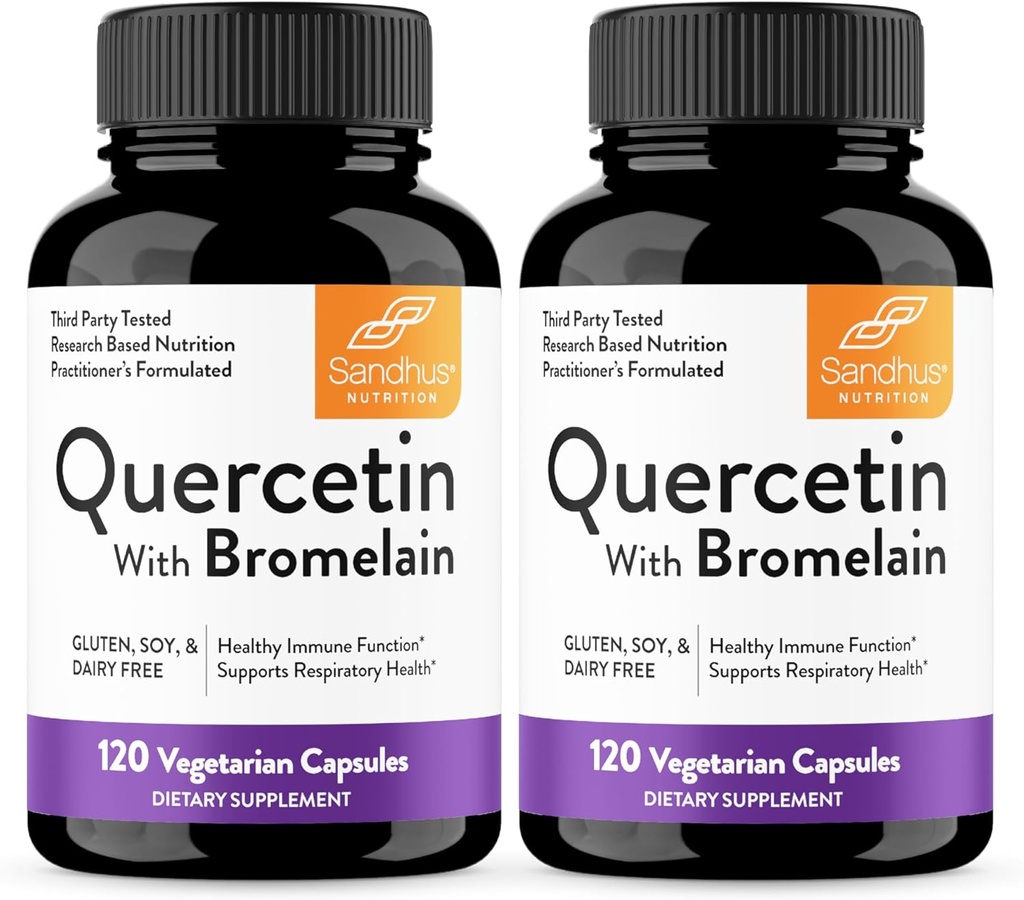 Sandhu's Quercetin with Bromelain Vegetarian Capsules Supplements 120 Count (Pack of 2) | Bioflavonoids for Immune Support & Respiratory Health, Seasonal Allergy Support | Quercitin for Men and Women