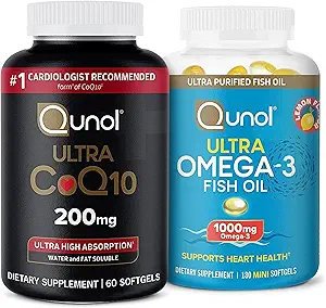 Qunol Ultra CoQ10 200 mg Softgels - Ultra High Abvitamin Coenzyme Q10 Supplement - 2 Ay Supply - 60 + Fish Oil Omega 3 EPA + DHA, 3 Ay Supply, 180 Count