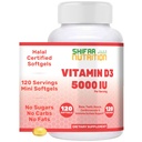 SHIFAA NUTRITION Hal Vitamin D, Halal Vitamin D3, 5000 IU Softgels, 120 εξυπηρετούν. Μη ΓΤΟ, Χωρίς γλουτένη, Υποστηρίζει: Δομή, Οστά, Δόντια, Καρδιά, Μυϊκές & Ανοσοποιητικές Λειτουργίες