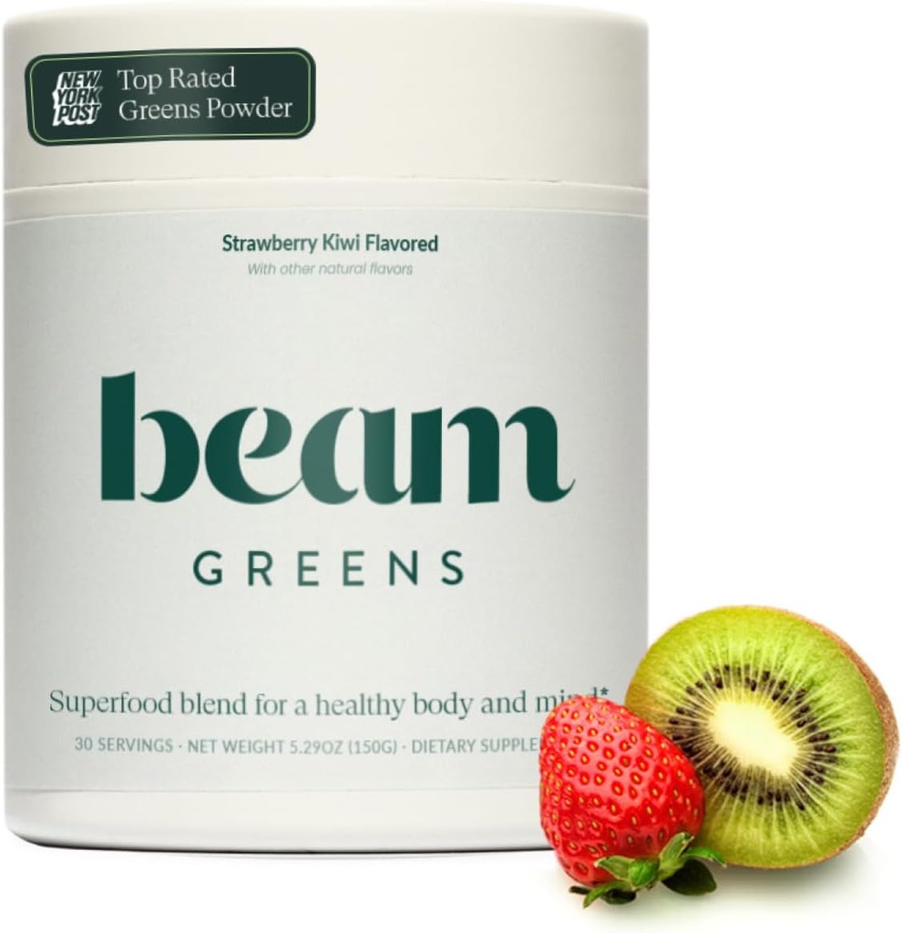 Beam Greens Toz, Superfood Supplement for Gut Health, Vegan Organic Mix with Ashwagandha, Vitamin C, B12, B6, D, Non-GMO Daily Detox & Immune Support, Strawberry Kiwi Flavor - 30 Servisler