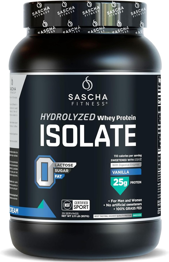 SASCHA FITNESS Hydrolyzed Whey proteini Isolate,% 100 Grass-Fed (2 Pounds, Vanilla)