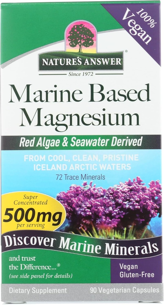 Nature's Answer Marine Based Magnezyum, Super Mechanicd 500 mg | Plantive | Red Algae & Sea Deriwaterved | Alkol Özgür & Gluten-Free | Vegetarian Capsules 90ct