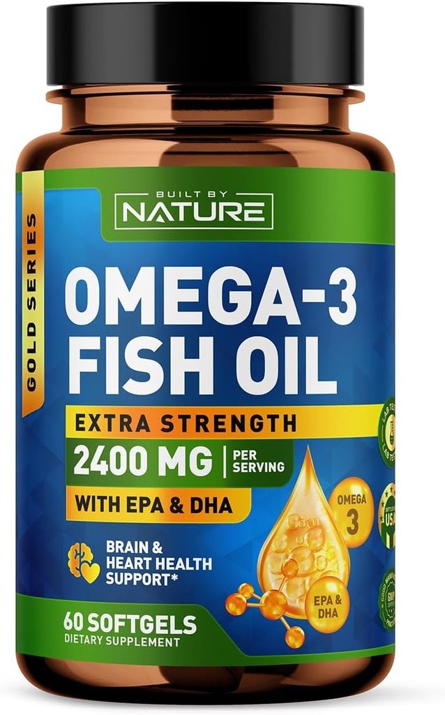 Built by Nature Omega 3 Fish Oil Soft Gels - 2400 mg Fish Oil, 1440 mg Omega 3, 864 mg EPA, 576 mg DHA - Extra Strength Brain & Heart Health Support Supplement - 60 Softgels