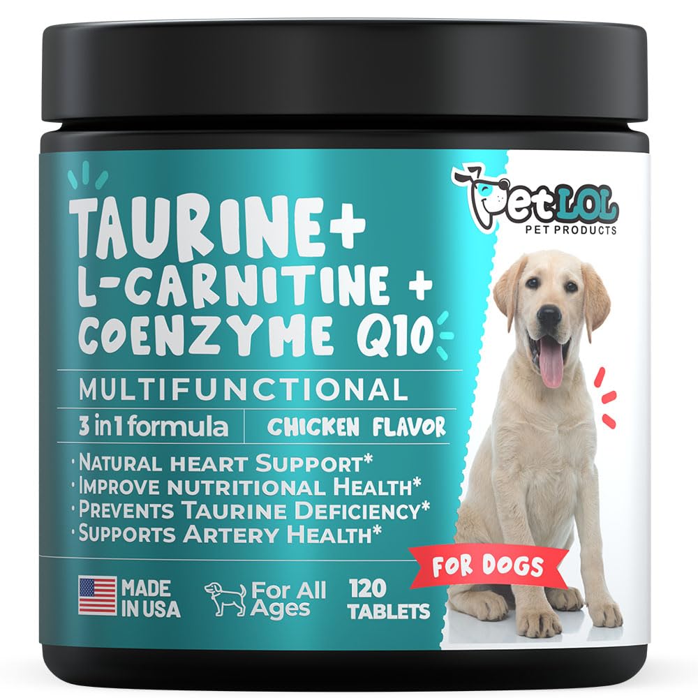 Taurine Supplement for Dogs with L-Carnitine and Coenzyme Q10 (CoQ10): Vet Endorsed for Enlarged Heart (DCM), Congestive Heart Failure, Taurine Deficiency: 3-in-1 | Dog Supplements- 120ct