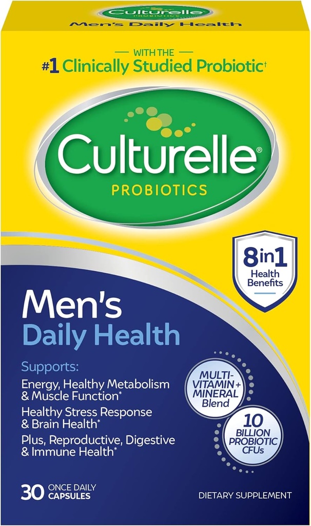 Culturelle Daily Health 8-in-1 Probiyotik ve Erkekler için Multivitamin - 30 Kont - Doğal kaynaklı Probiyotikler Digestive Health & Immune Support, Magnezyum, Vitamin D3, Vitamin C, B12