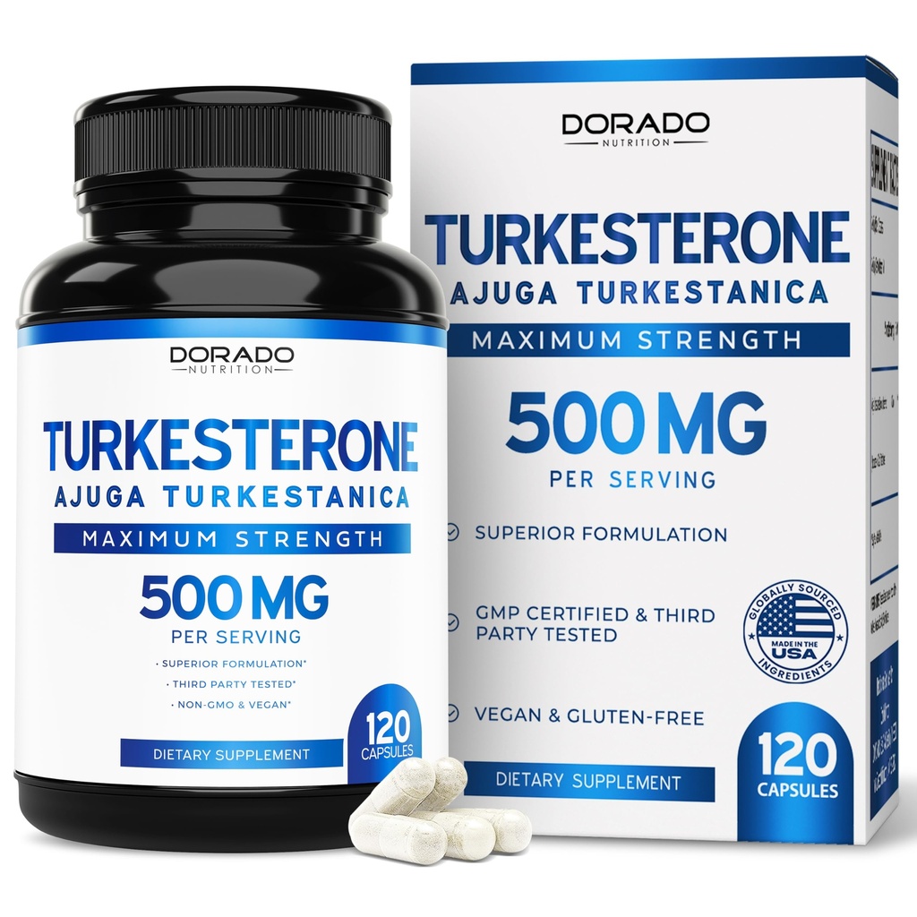 Turkesterone Supplement 500 mg (120 Capsules) - Stamina, Drive, Athletic Performance & Muscle Mass - (Ajuga Turkestanica Std. to 10% Turkesterone) (Similar to Ecdysterone) - Non-GMO & Vegan Capsules