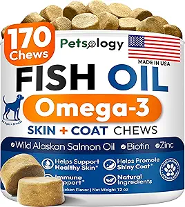 Omega 3 Köpekler için Balık Yağı - 170 Chews - Köpekler Itchy Skin & Alerji Yardımı - Skin & Coat Supplement Supplement - EPA & DHA Fatty Asits - Köpek Anti Shedding & Hot Spot Tedavisi - Salmon Oil