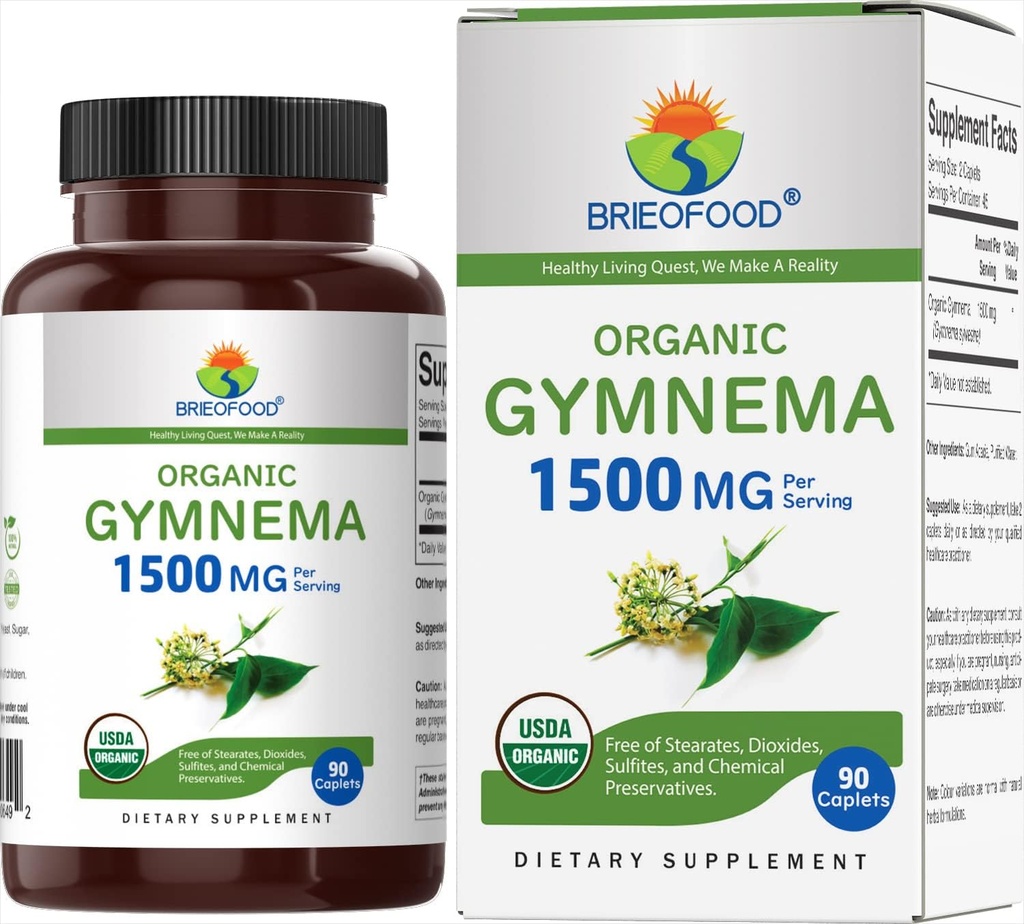 Brieofood Organic Gymnema 1500mg, 45 μερίδες, χορτοφαγικά, χωρίς γλουτένη, 90 χορτοφαγικά δισκία