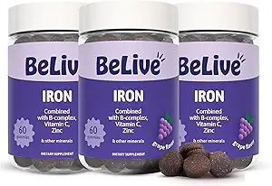 Canlı Demir Gummies - Vitamin C, A, B & çinko ile Multivitamin Demir Supplement, Kan Oksijeni, Kadınlar için Vegan Supplements, Men & Kids for Growth and Development - Grape Flavor | 3Pack