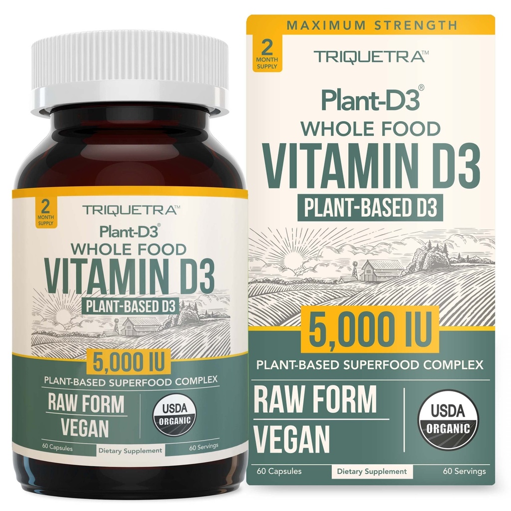 Organik D3 5.000 IU - 100% Tüm Gıda ve Bitki bazlı Cholecalciferol Form,% 100 Vegan D - Prebiyotik & Superfood Complex - Organik, Vegan, GMO & Gluten Free (60 Capsules)