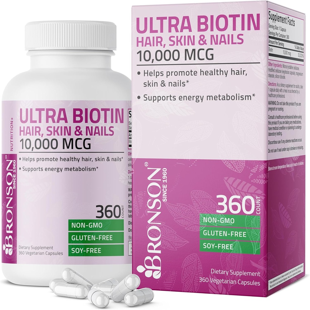 Bronson Ultra Biotin 10.000 McG Hair Skin and Nails Supplement, Μη ΓΤΟ, 360 Χορτοφαγική Κάψουλα