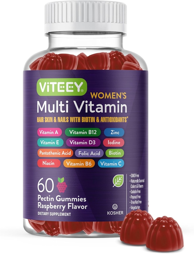 Viteey Women Multivitamin Gummies - Immune Support - 12 in 1 Essential Vitamins & Minerals - Βιταμίνη A, C, D3, E, B6, B12, Folic Acid, Biotin, Calcium, Zinc & More - Vegetarian - Βατόμουρο Γεύση