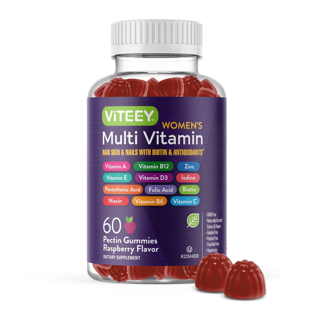 Viteey Womens Multivitamin Gummies - Immune Support - 12 in 1 Essential Vitamins & Minerals - A, C, D3, E, B6, B12, Folic Acid, Biotin,dis, çinko & More - Vegetarian - Raspberry Flavored