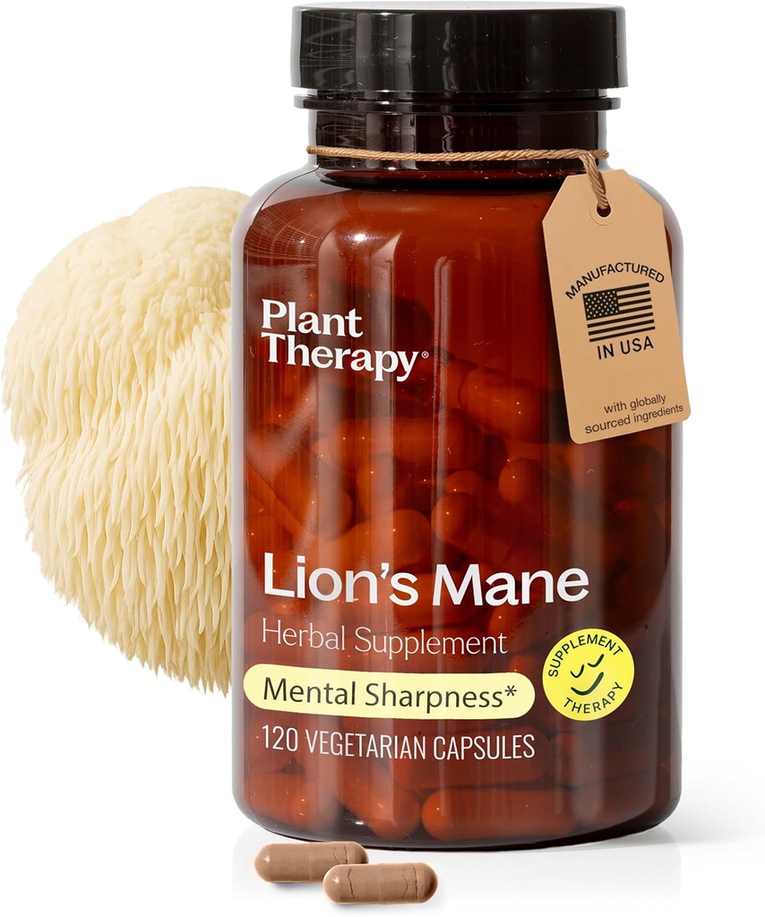Plant Therapy Lion's Mane Mushroom Supplement Capsules ABD 4 Ay Supply Supports Brain Health, mental Clarity & Memory Supplements for Women & Men 120 Vegetarian Capsule