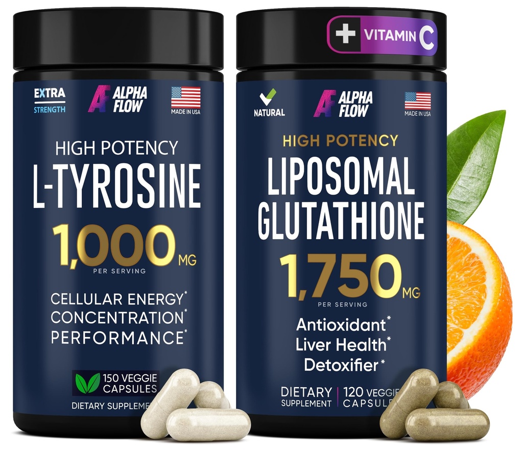 (Bundle) L Τυροσίνη 1000mg & Λιποσωμική Γλουταθειόνη 1750mg - All-Φυσική Εστίαση, Ενέργεια, και Ηπατική Υποστήριξη - Μη ΓΤΟ, Χωρίς Γλουτένη, Vegan - 270 Κάψουλες Σύνολο