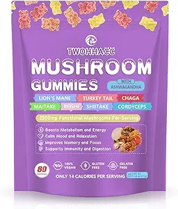 Mushroom Supplement Gummies with Ashwagandha and Lions Mane, Maitake, Türkiye Tail, Reishi, Chaga, Shiitake, Cordyceps Nootropic Brain Supplement for Focus, Memory, Immune, Support and Stress Relief Relief
