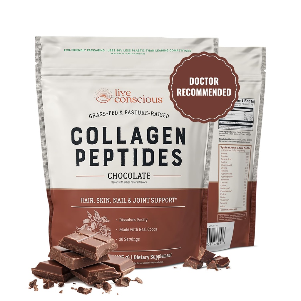Live Conscious Collagen Peptides Toz - Chocolate Collagen Toz - Saç, Skin, Nail ve Ortak Destek - Tip I & III Grass-Fed Collagen Supplements for Women and Men - 30 Hizmet - 15oz