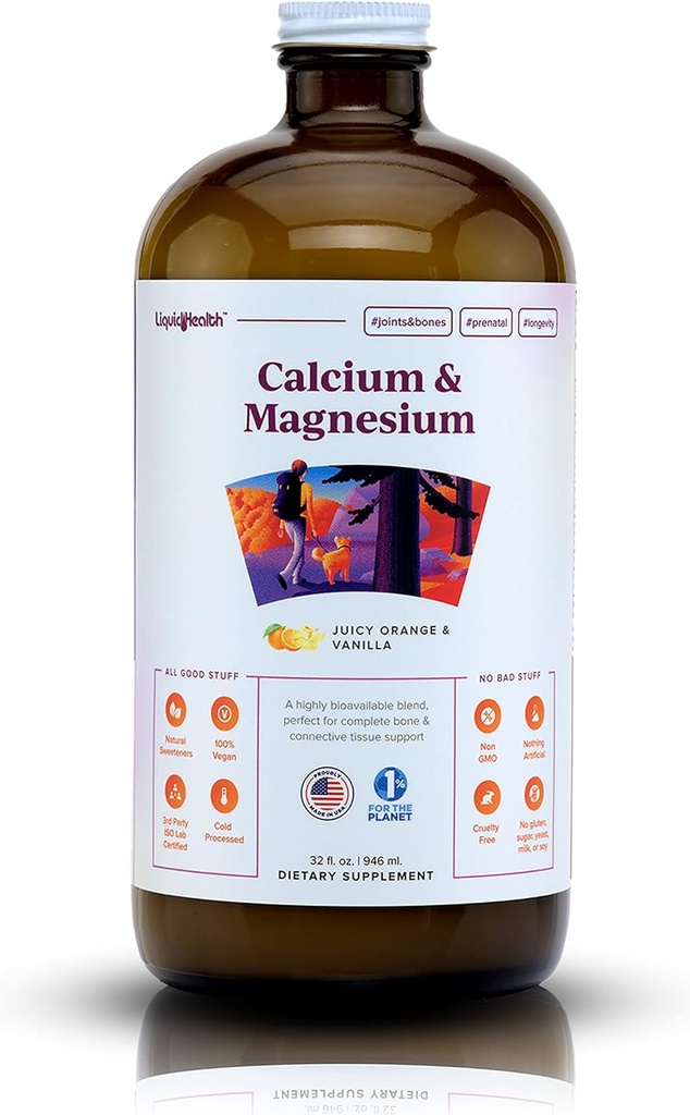 LIQUIDHEALTH Calcium & Magnesium Adult Liquid Vitamin Supplement - Bone, Joint, Muscle, Connective Tissue Support, Heart Health, Essential Nutrients - Made in the USA, Vegan, Non GMO, No Sugar (32 oz)