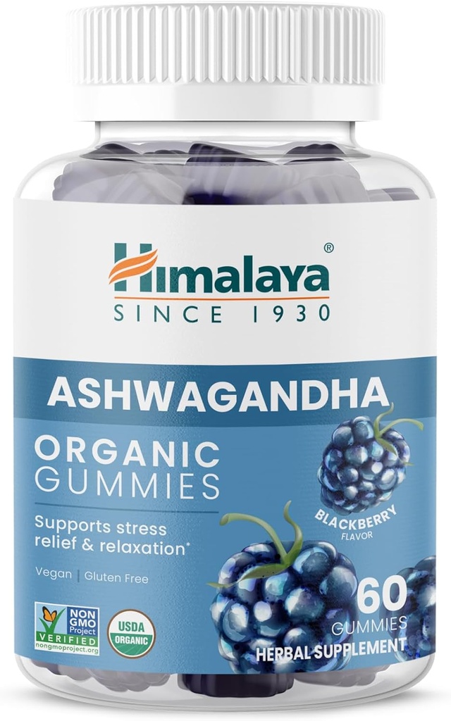 Himalaya Ashwagandha Organik Gummies, KSM-66 Organik Ashwagandha Stres Yardımı, Enerji ve Rahatlama ile Yardım etmek için, 60 Gummies with Delicious BlackBerry Flavor